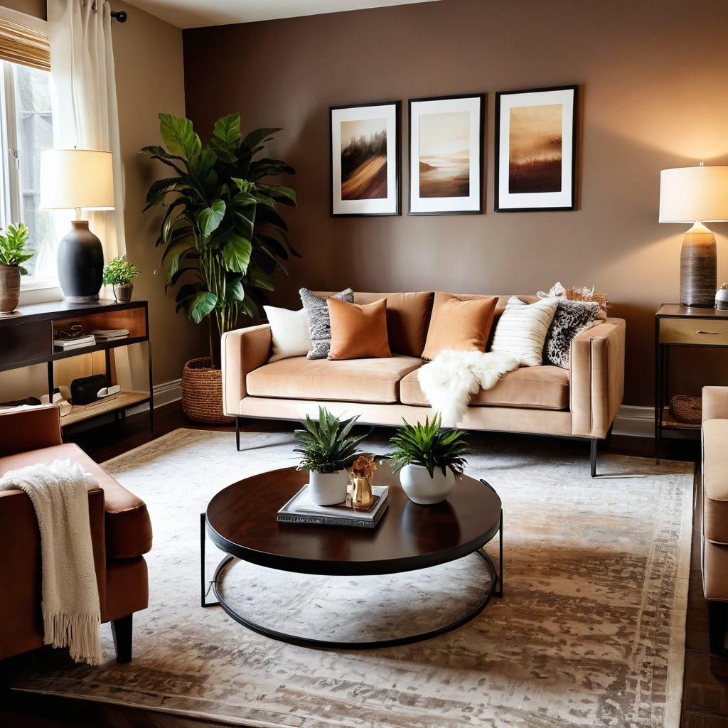 A cozy, stylish living room featuring plush, modern furniture, soft textures, and warm lighting. Include indoor plants for a touch of nature, elegant accessories like art prints on walls, and a stylish coffee table adorned with decorative items. The color palette should be earthy, with warm tones creating an inviting atmosphere. super-realistic. vibrant colors. warm lighting.
