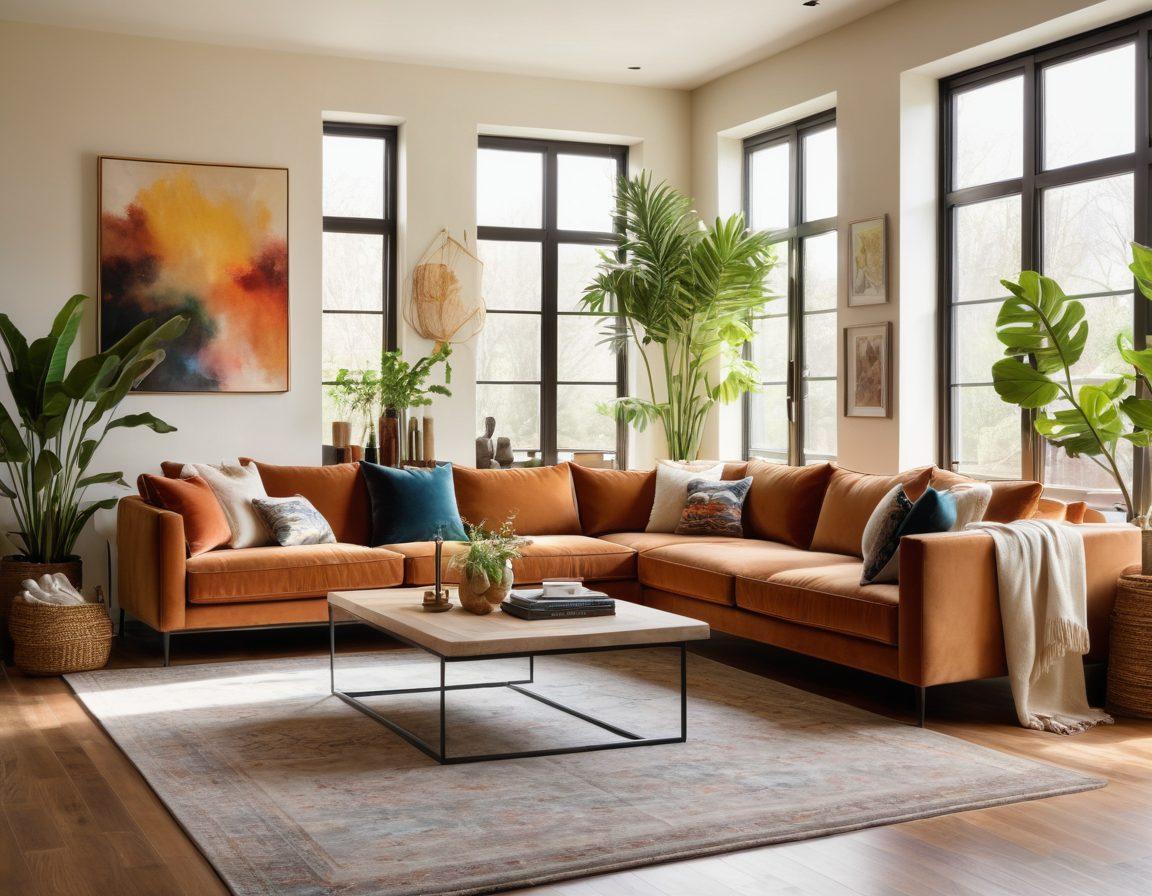 A beautifully styled modern living room that showcases the essence of cozy sanctuaries, featuring plush sofas, warm lighting, and exquisite decor elements like chic wall art and eclectic throw pillows. Include plants for a touch of nature and a soft, inviting color palette. Sunlight streaming through large windows enhances the airy atmosphere, creating a perfect blend of comfort and luxury. super-realistic. vibrant colors. warm tones.